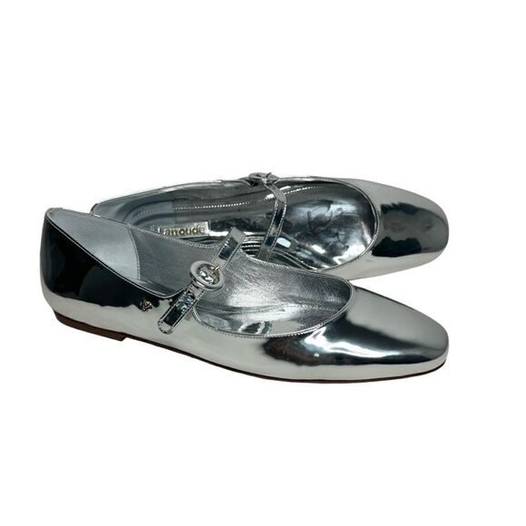 NEW Larroude silver metallic mirror square toe mary jane flat shoes size 9 - Picture 2 of 11